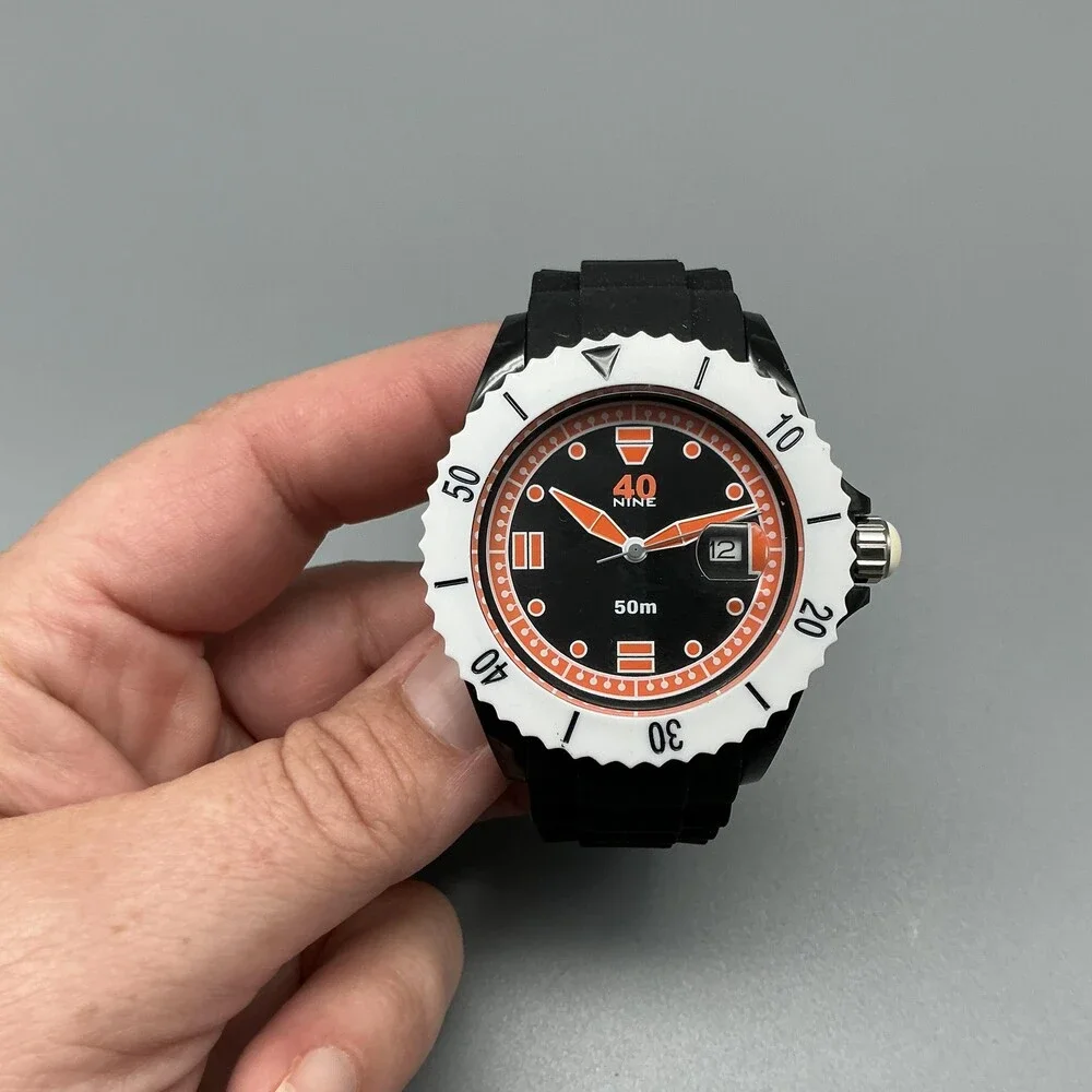 40nine Mens Watch 43mm Black Orange Dial White Bezel Date Silicone New Battery